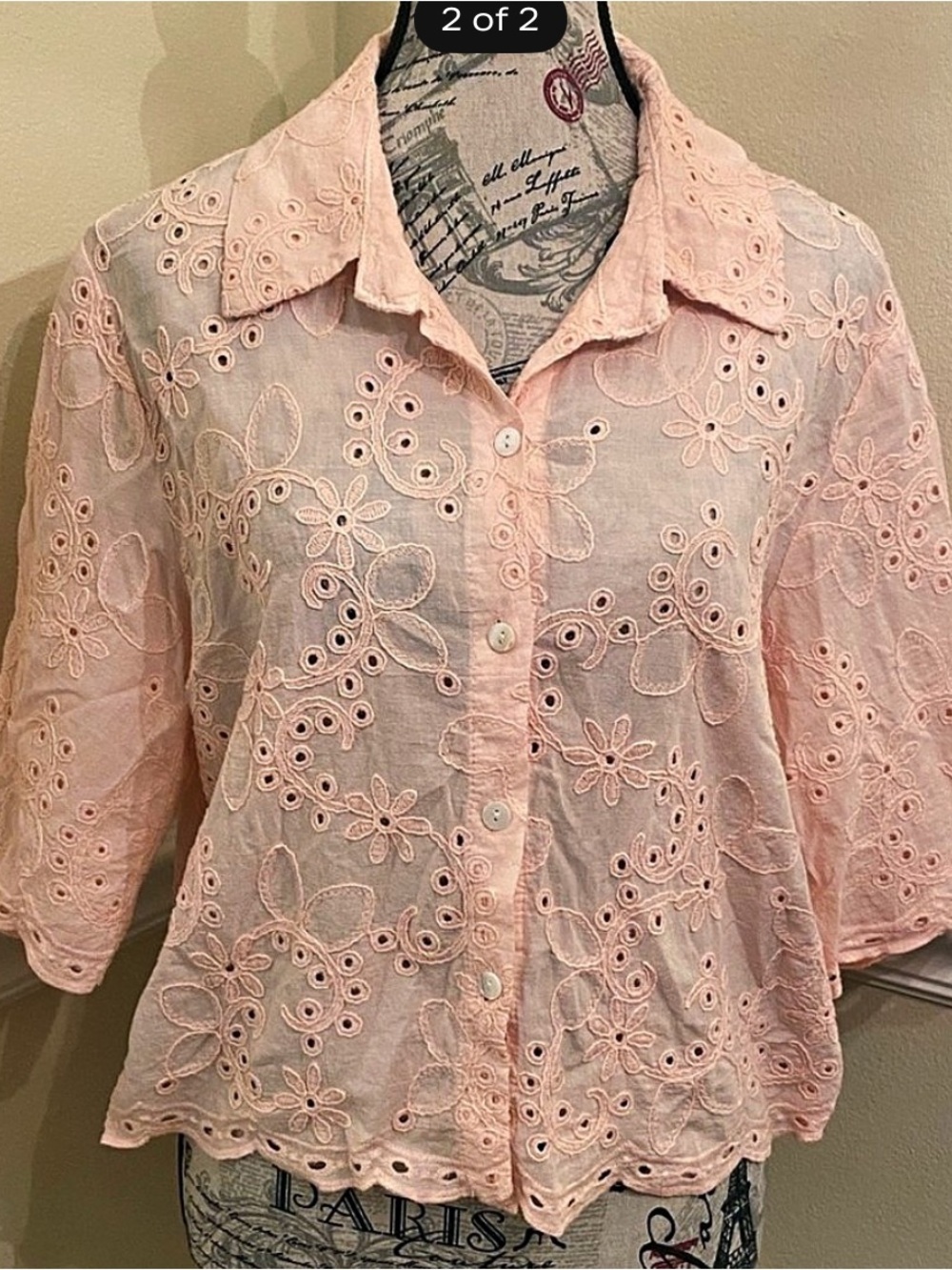Astrid Made in Italy Pink Eyelet Embroidered Cotton Blouse Size L Floral - Picture 8 of 10